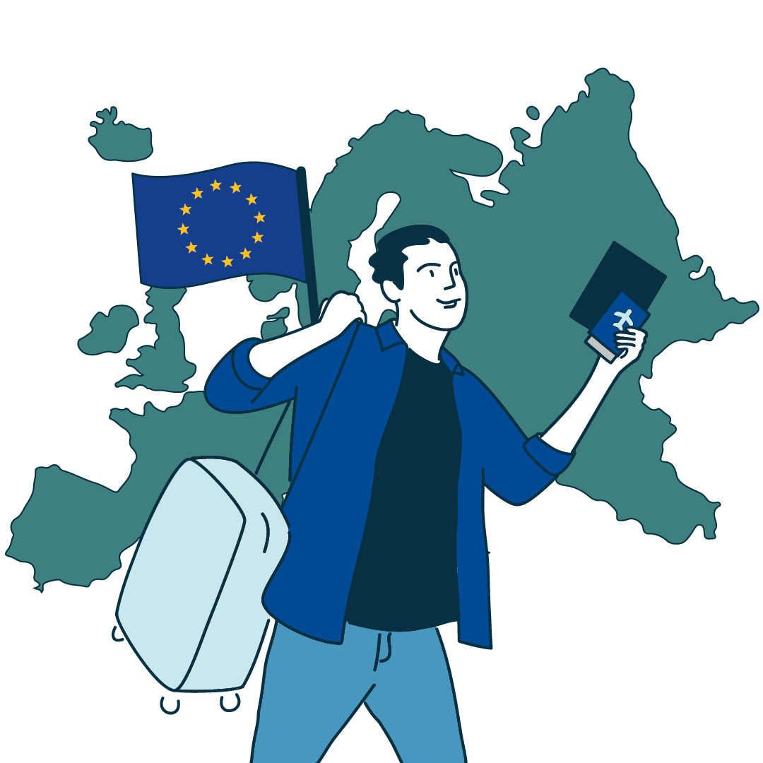 En illustration som föreställer en man resväska och pass. Bakgrunden på illustrationen är en bild över Europa.